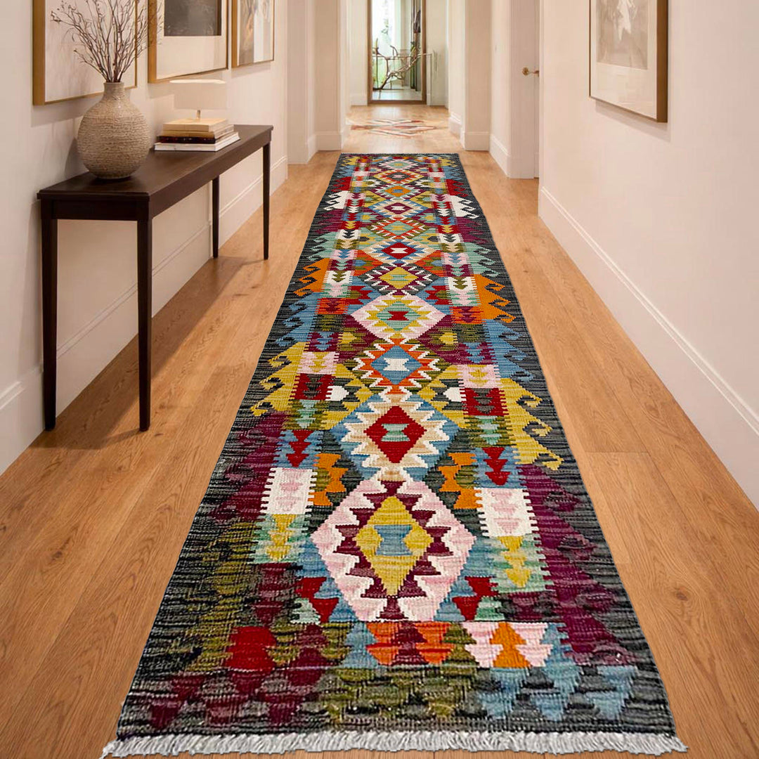 Afghan Vegetable Kilim Rug 1' 9" x 9' 7" Flat-Weave reverse