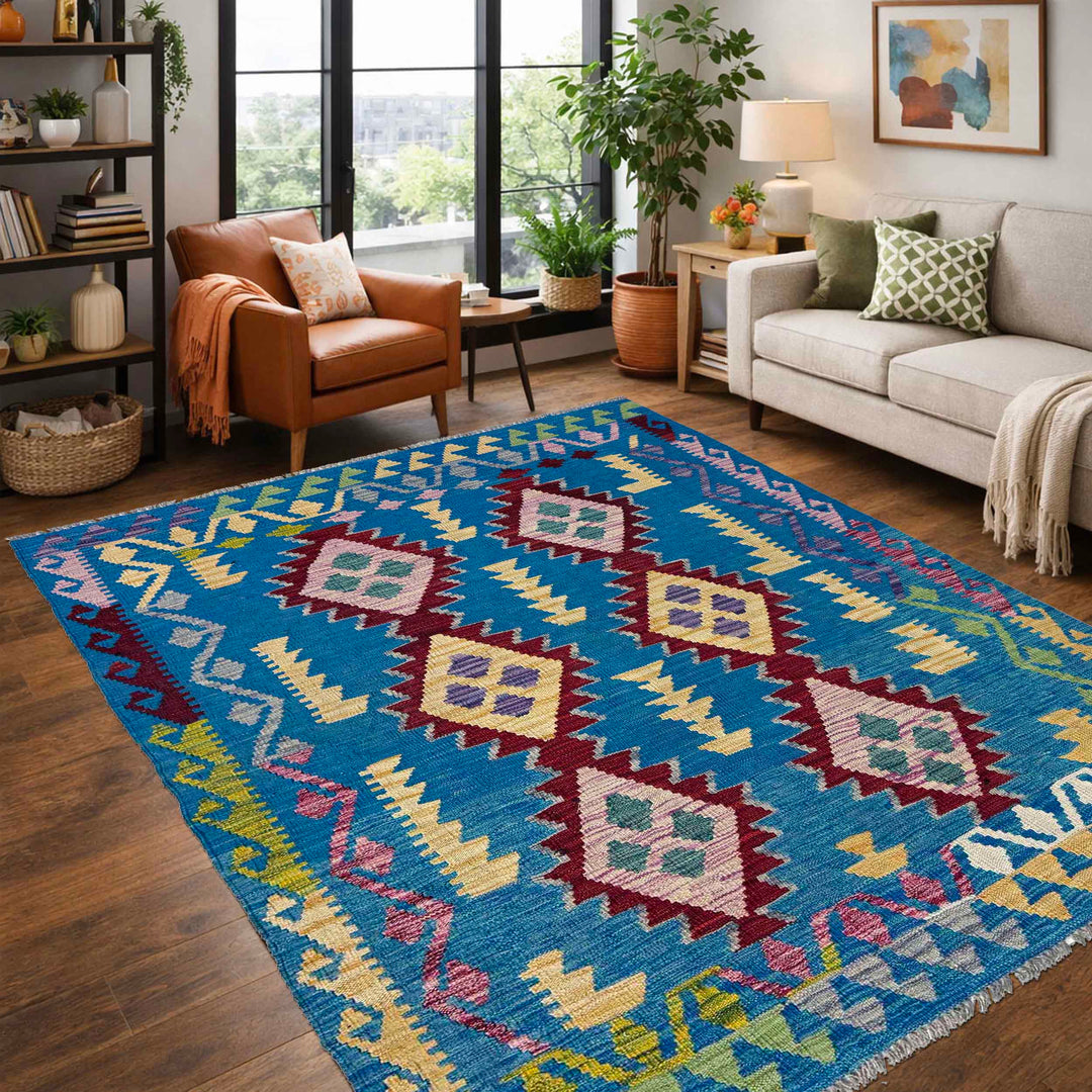 Afghan Kilim Rug 4' 0" x 5' 9" Flat-Weave reverse