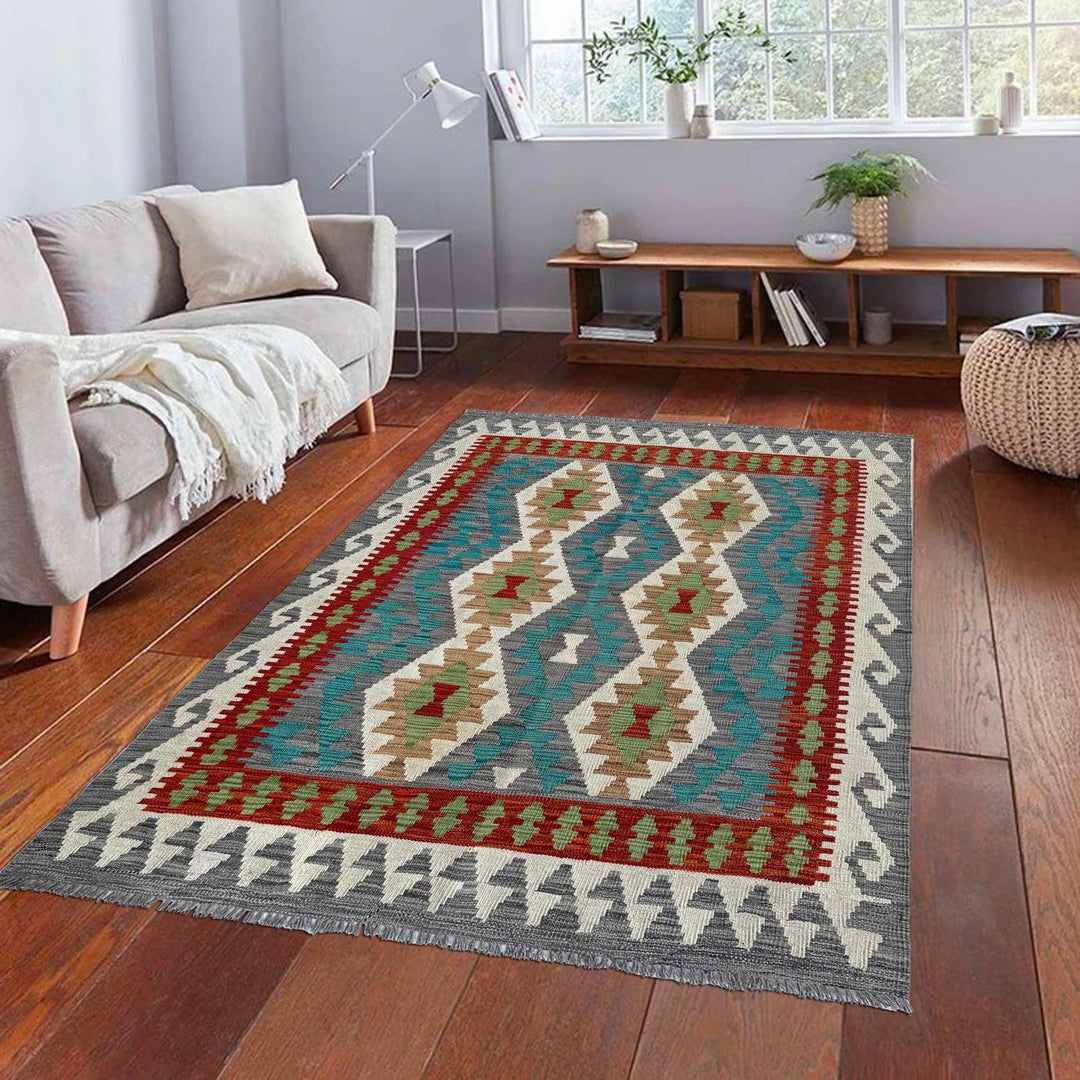 Afghan Chobi Kilim Rug 4' 1" x 5' 11" Flat-Weave reverse