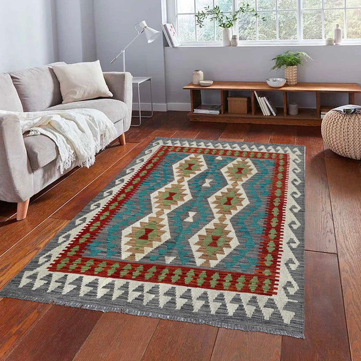 Afghan Chobi Kilim Rug 4' 1" x 5' 11" Flat-Weave reverse