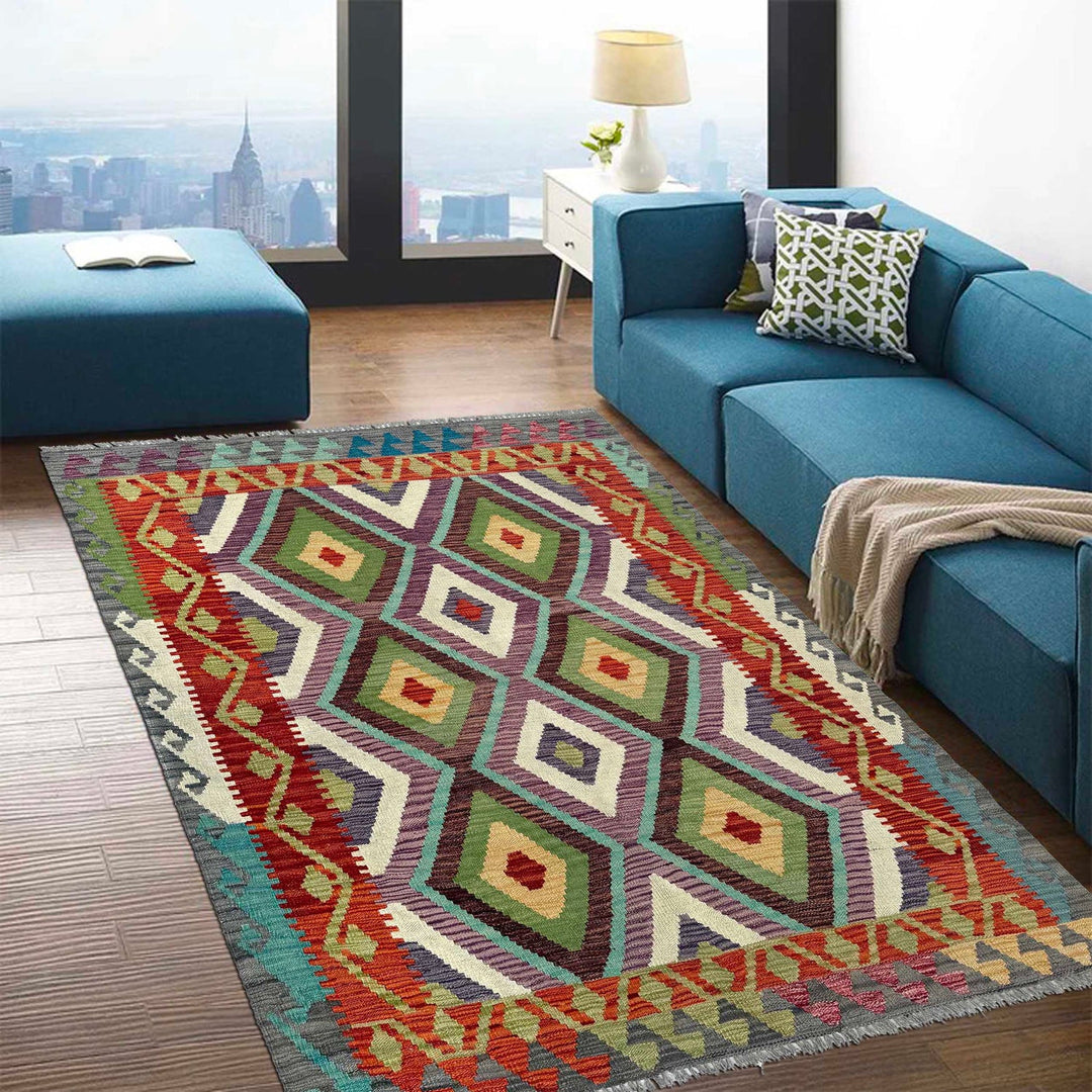 Afghan Kilim Rug 4' 0" x 5' 8" Flat-Weave reverse