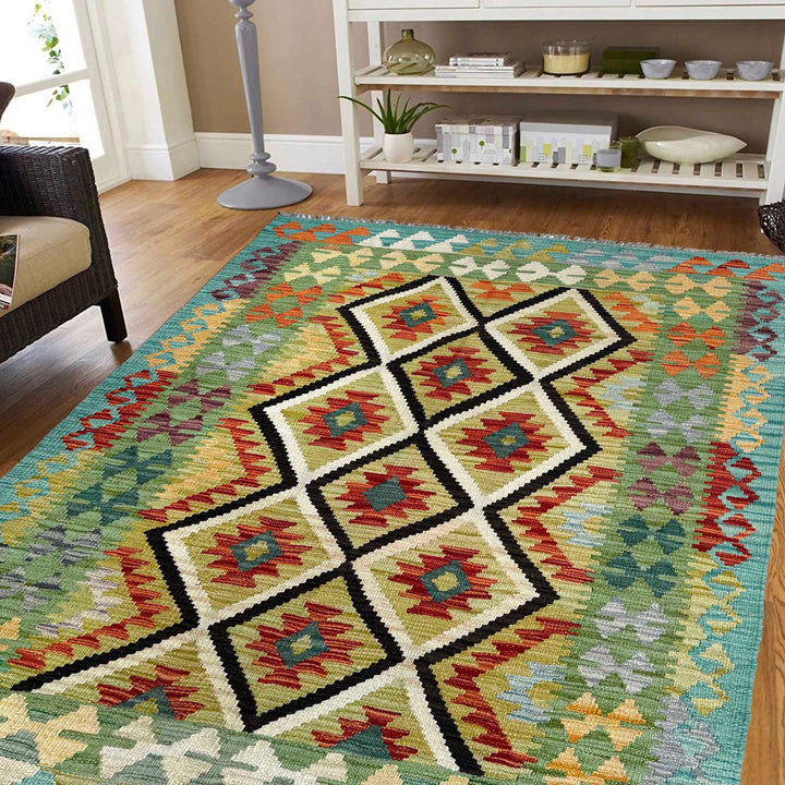 Afghan Vegetable Kilim Rug 4' 2" x 5' 3" Flat-Weave reverse