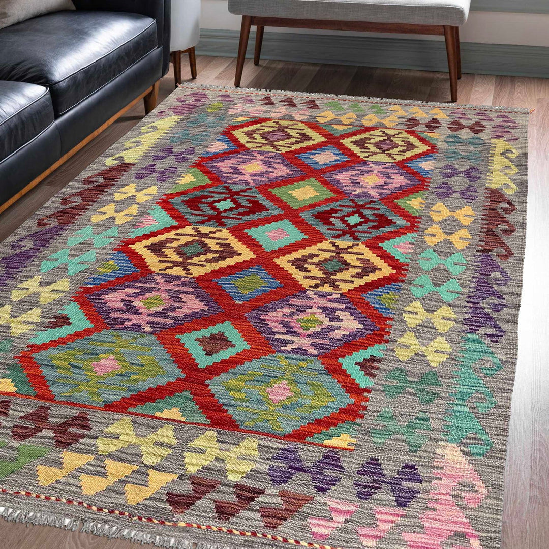 Multi Color ful Flat-Weave Wool Kilim 3' 10" x 5' 9" - No. AL70953
