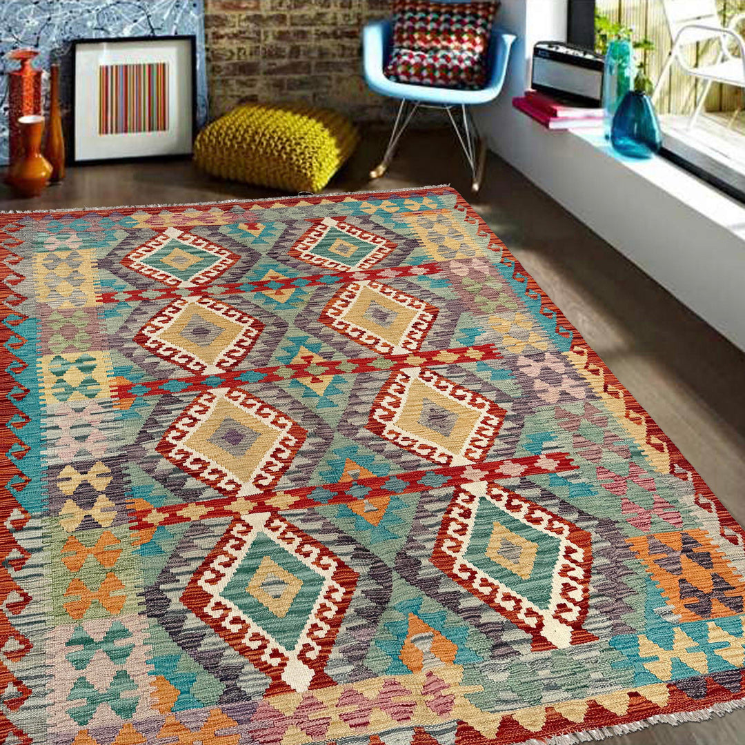 Afghan Kilim Rug 4' 10" x 6' 2" Flat-Weave reverse