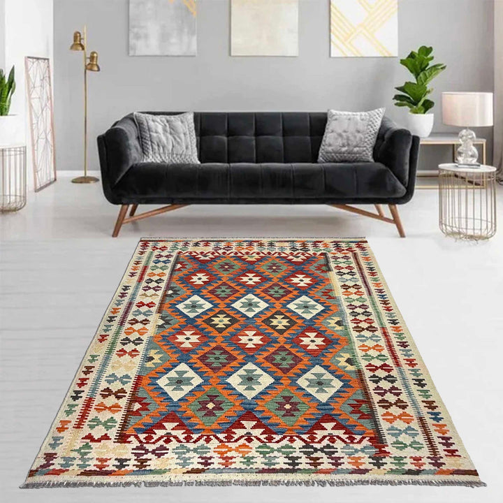 Afghan Kilim Rug 4'11" x 6'6" Flat-Weave reverse