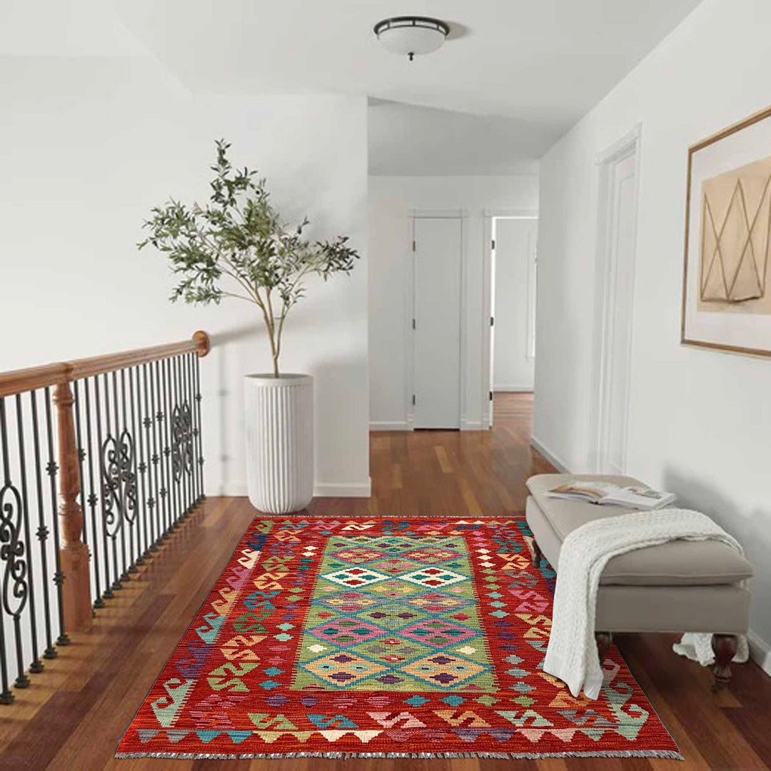Afghan Vegetable Kilim Rug 4' 3" x 5' 8" Flat-Weave reverse