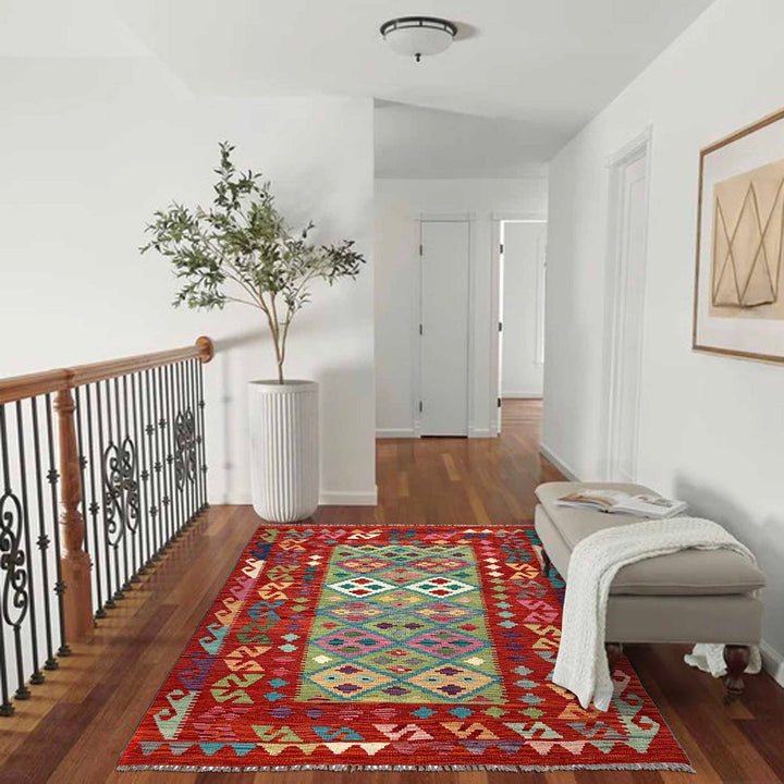 Afghan Vegetable Kilim Rug 4' 3" x 5' 8" Flat-Weave reverse
