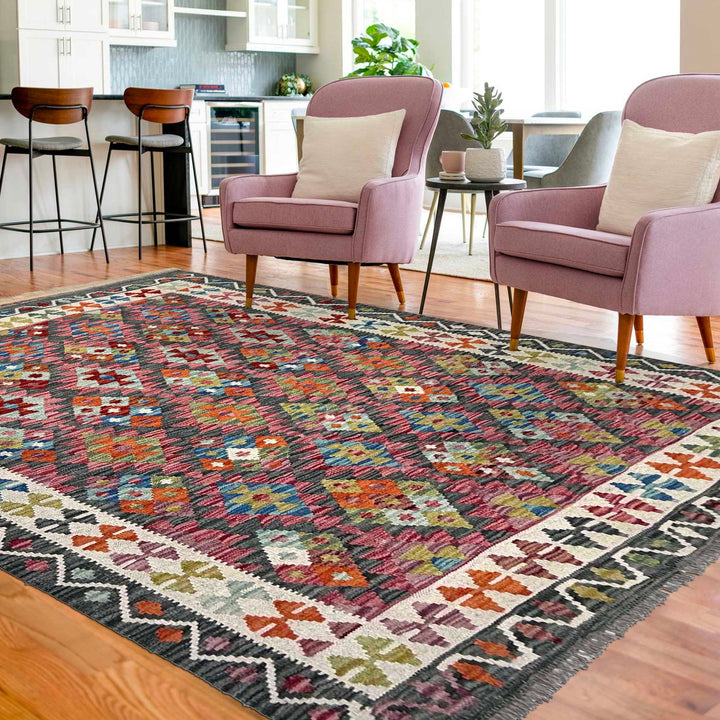 Afghan Chobi Kilim Rug 4' 10" x 6' 4" Flat-Weave reverse