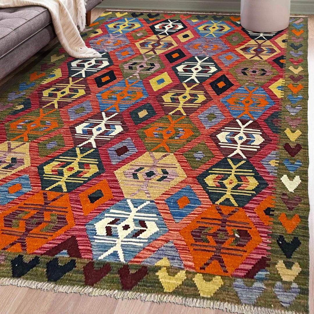 Afghan Vegetable Kilim Rug 5' 1" x 6' 11" Flat-Weave reverse