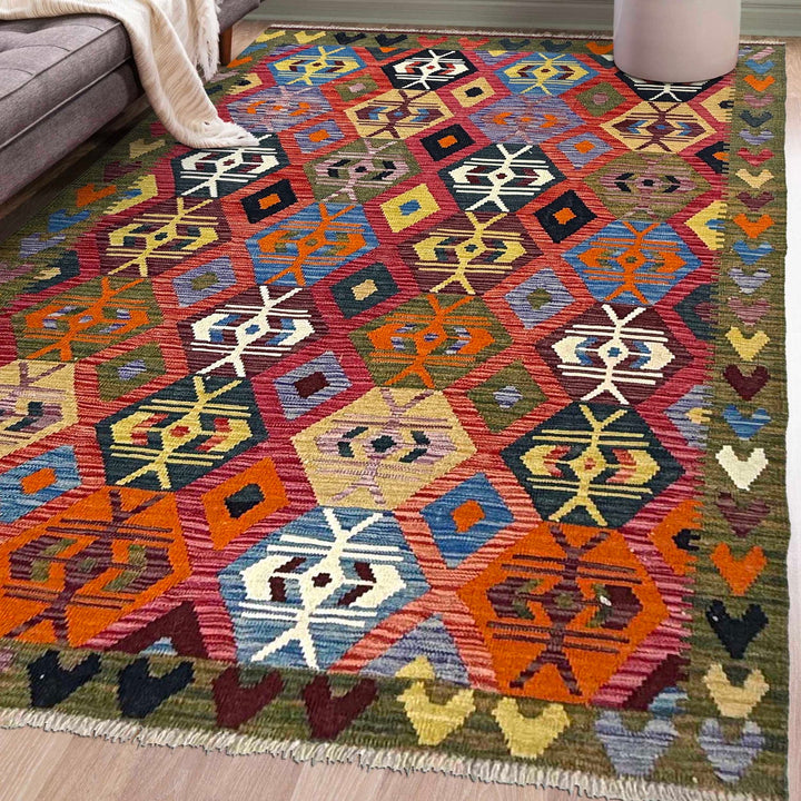 Afghan Vegetable Kilim Rug 5' 1" x 6' 11" Flat-Weave reverse
