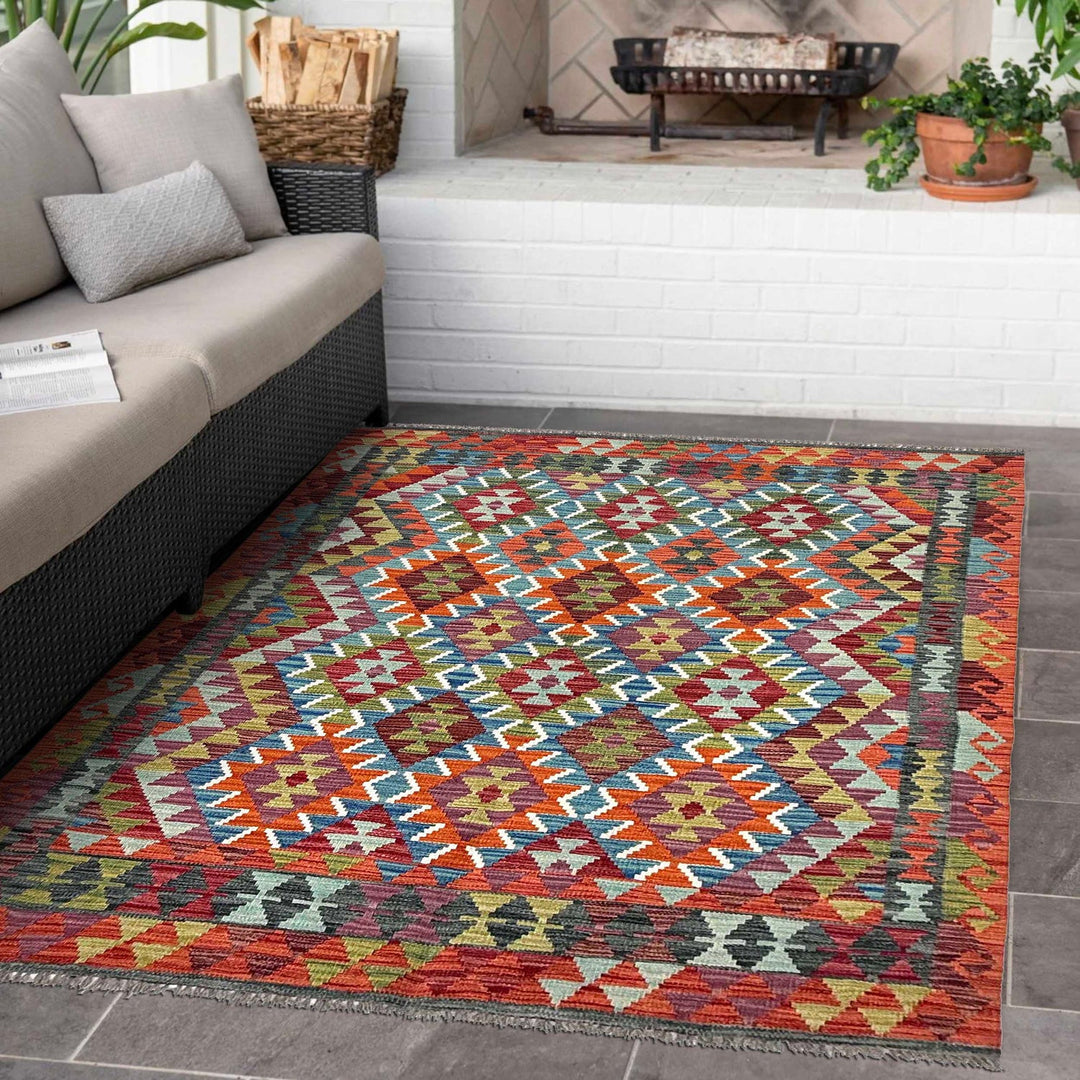 Afghan Kilim Rug 4' 11" x 6' 4" Flat-Weave reverse