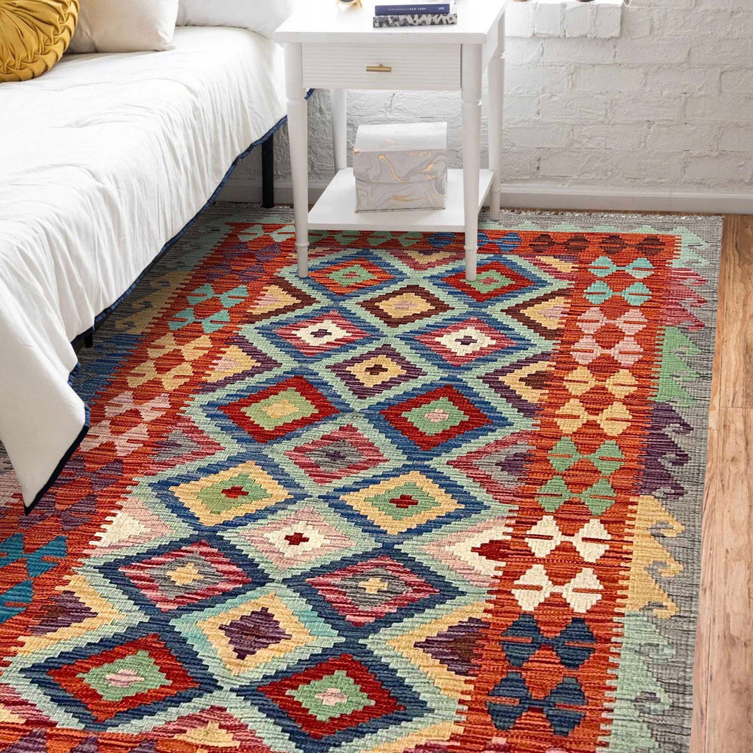Afghan Kilim Rug 4' 0" x 5' 8" Flat-Weave reverse