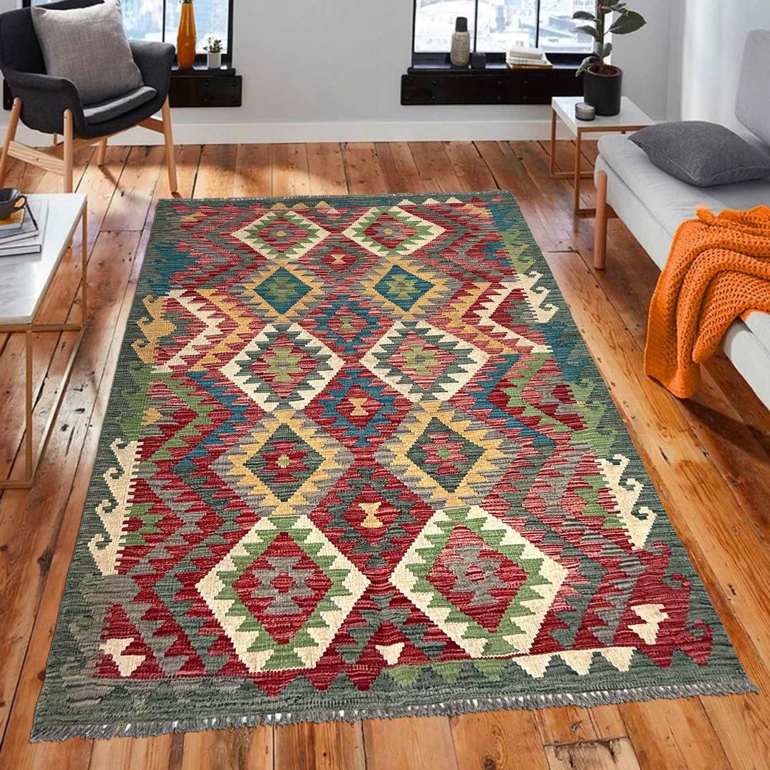 Hand Woven Wool Kelim 3' 10" x 6' 1" - No. AL55726