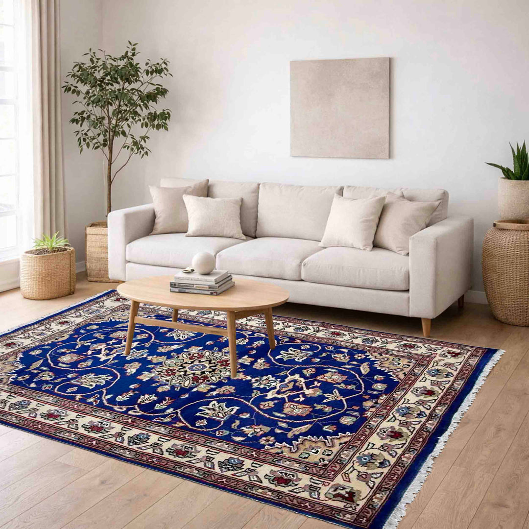 Blue Pakistani Jaldar Rug 4' 2" x 6' 1" Hand-Knotted reverse