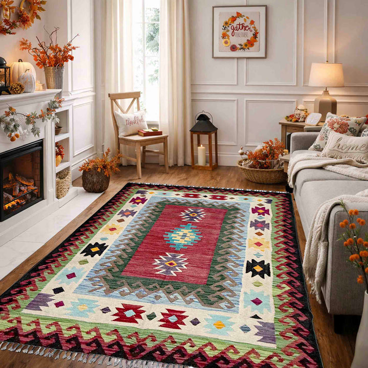 Afghan Vegetable Kilim Rug 4'11" x 6'7" Flat-Weave reverse