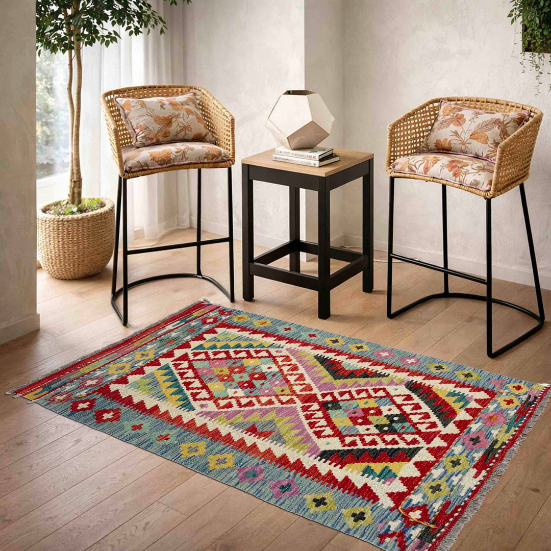 Afghan Vegetable Kilim Rug 2' 10" x 4' 7" Flat-Weave reverse