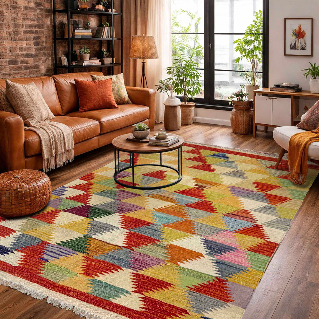Afghan Vegetable Kilim Rug 3' 10" x 5' 10" Flat-Weave reverse