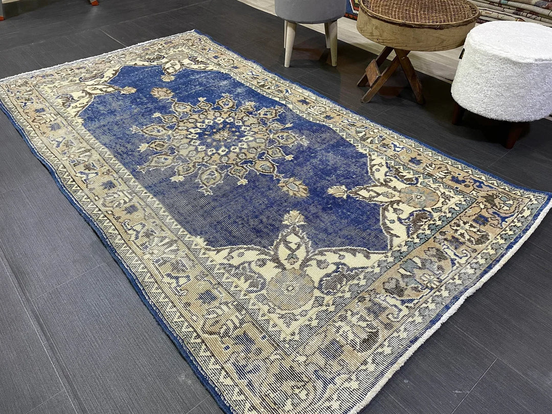 Blue Turkish Oushak Rug 3' 9" x 7' Hand-Knotted | No. WR12709