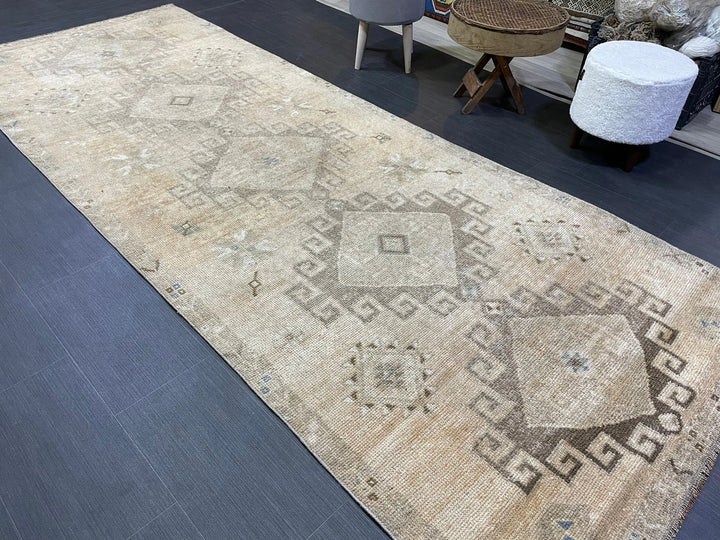 Beige Turkish Runner Rug 4' 2" x 10' 9" Hand-Knotted | No. WR14467