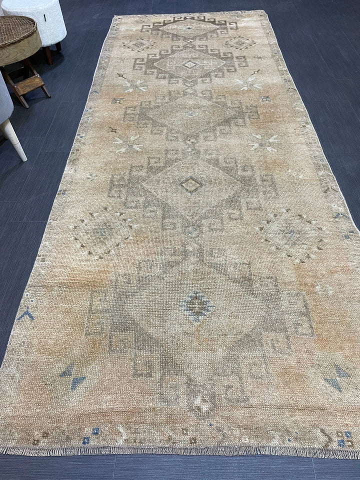Beige Turkish Runner Rug 4' 2" x 10' 9" Hand-Knotted | No. WR14467