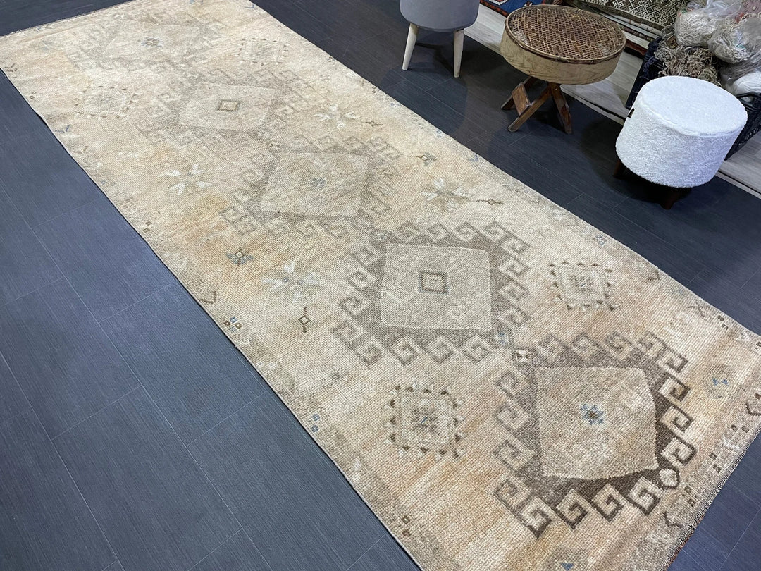 Beige Turkish Runner Rug 4' 2" x 10' 9" Hand-Knotted | No. WR14467