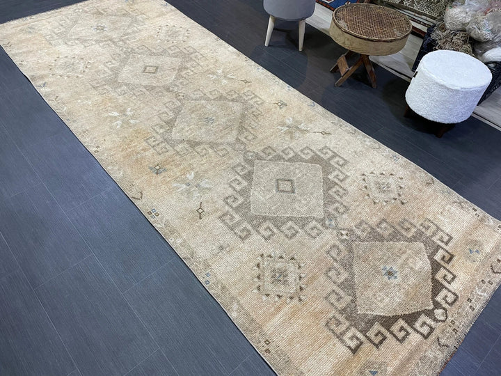 Beige Turkish Runner Rug 4' 2" x 10' 9" Hand-Knotted | No. WR14467