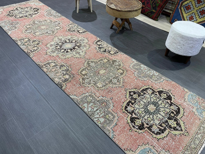 Beige Turkish Distressed Runner Rug 2' 10" x 10' 8" Hand-Knotted | No. WR14658