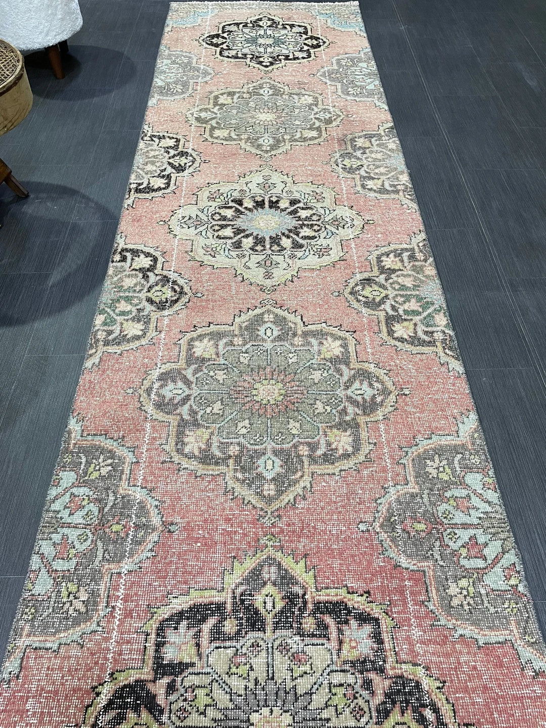 Beige Turkish Distressed Runner Rug 2' 10" x 10' 8" Hand-Knotted | No. WR14658