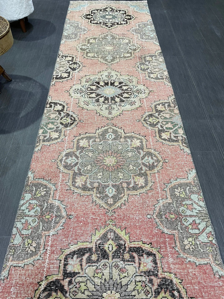 Beige Turkish Distressed Runner Rug 2' 10" x 10' 8" Hand-Knotted | No. WR14658