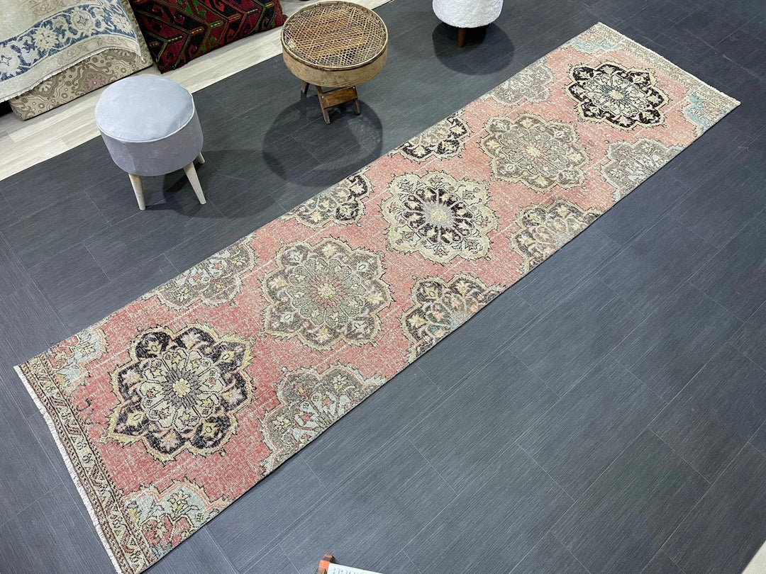 Beige Turkish Distressed Runner Rug 2' 10" x 10' 8" Hand-Knotted | No. WR14658