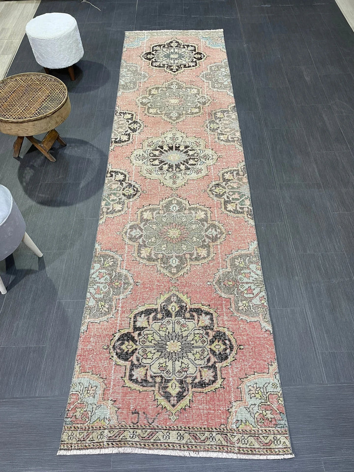Beige Turkish Distressed Runner Rug 2' 10" x 10' 8" Hand-Knotted | No. WR14658