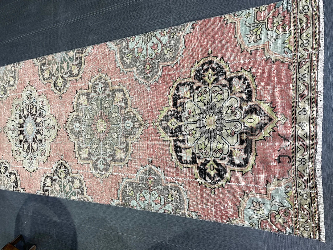 Beige Turkish Distressed Runner Rug 2' 10" x 10' 8" Hand-Knotted | No. WR14658