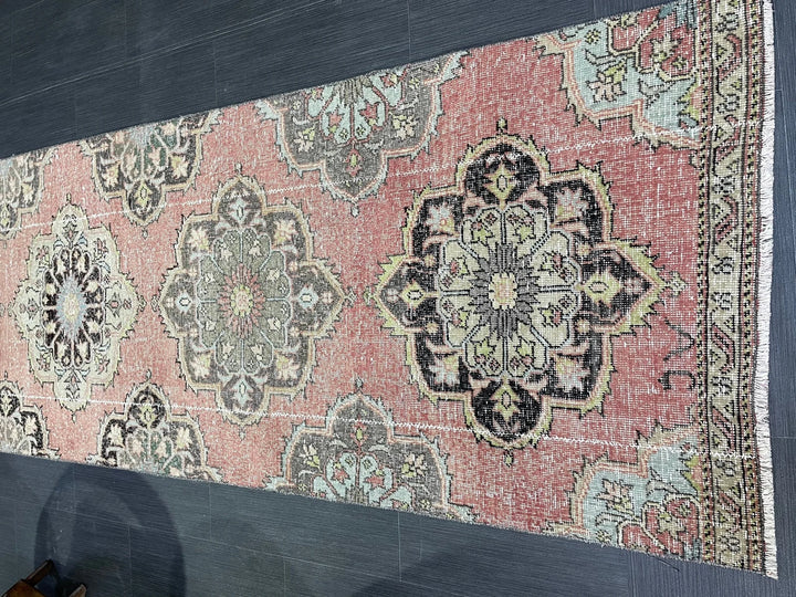 Beige Turkish Distressed Runner Rug 2' 10" x 10' 8" Hand-Knotted | No. WR14658