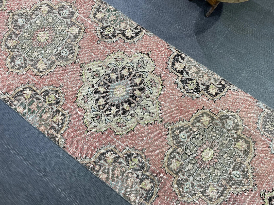 Beige Turkish Distressed Runner Rug 2' 10" x 10' 8" Hand-Knotted | No. WR14658
