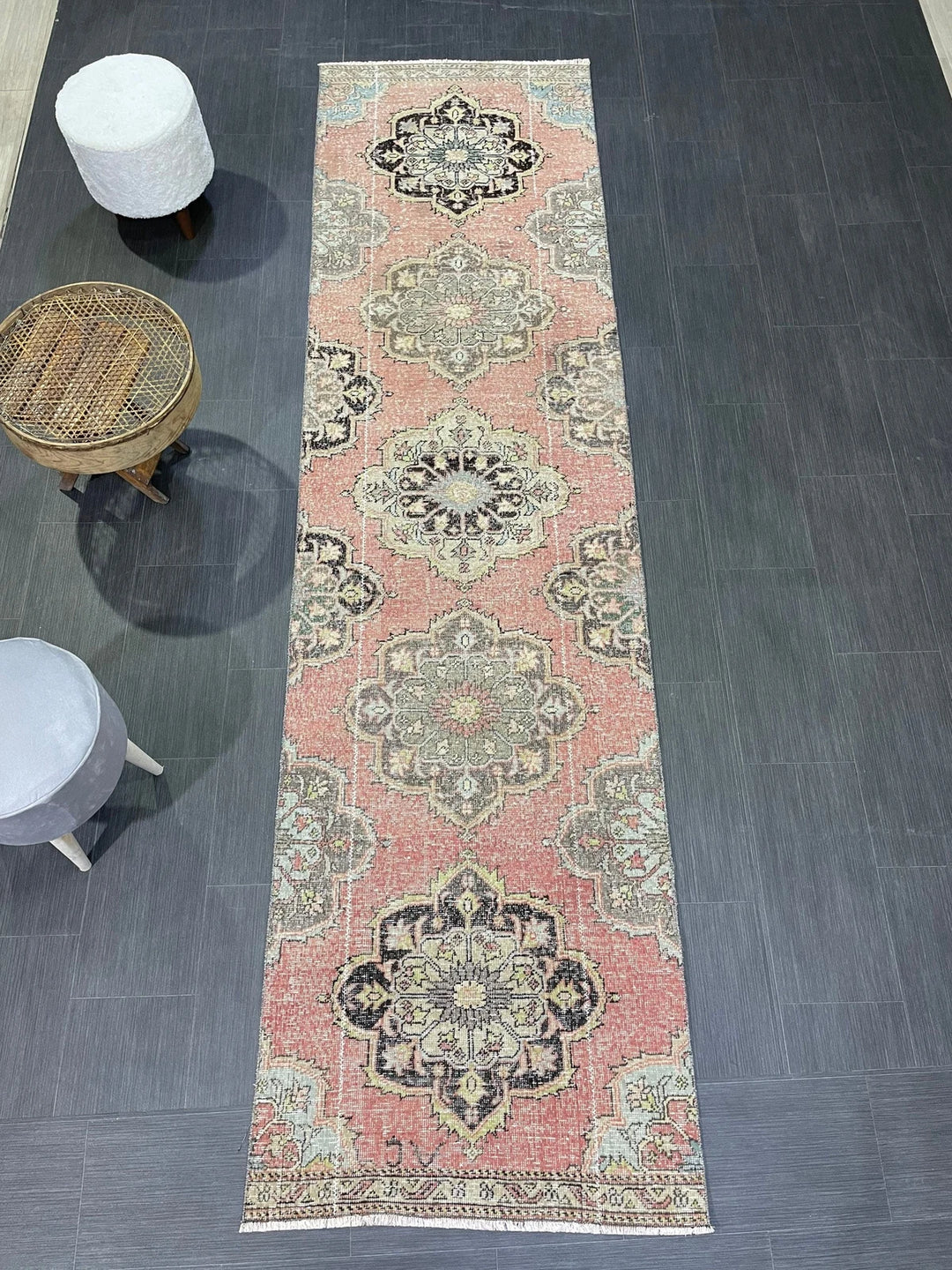 Beige Turkish Distressed Runner Rug 2' 10" x 10' 8" Hand-Knotted | No. WR14658