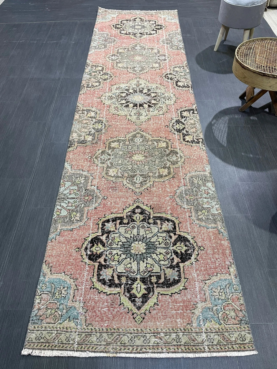 Beige Turkish Distressed Runner Rug 2' 10" x 10' 8" Hand-Knotted | No. WR14658