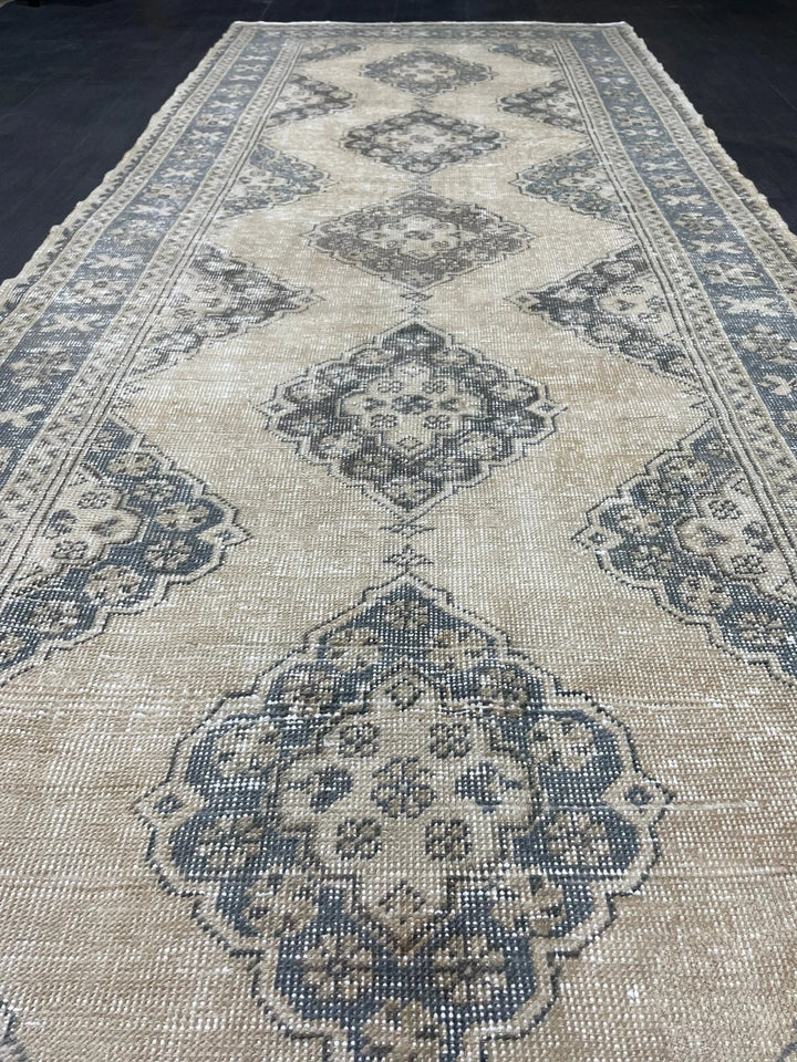 Beige Turkish Runner Rug 4' 2" x 10' 11" Hand-Knotted | No. WR15255