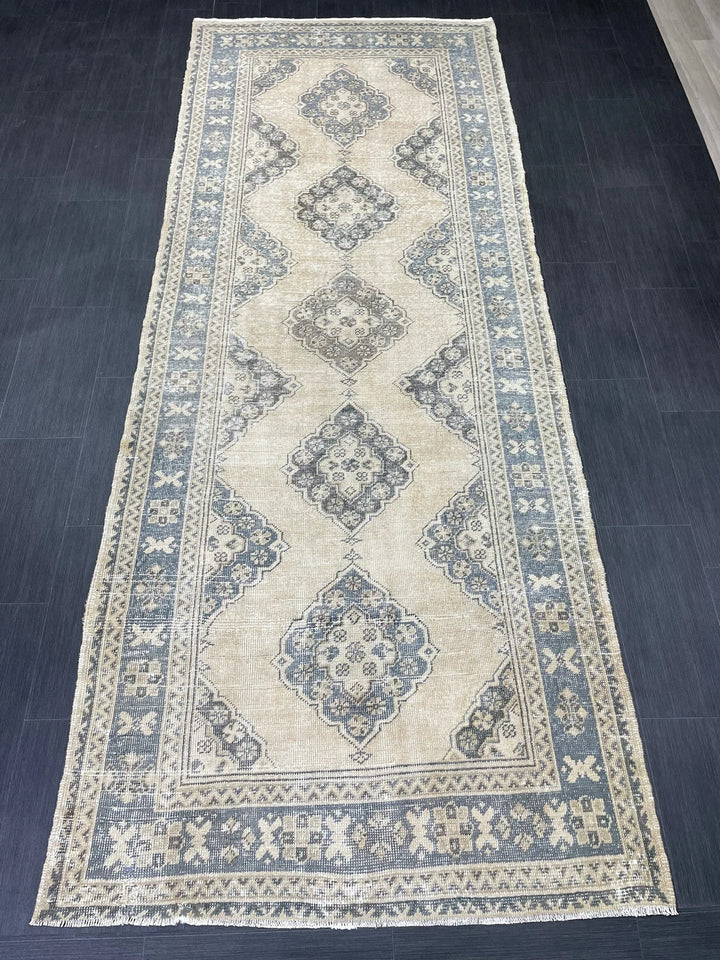 Beige Turkish Runner Rug 4' 2" x 10' 11" Hand-Knotted | No. WR15255