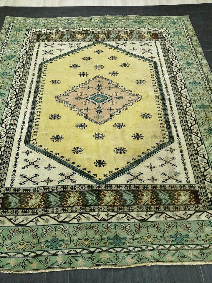 Green Turkish Runner Rug 7' 3" x 8' 8" Hand-Knotted | No. WR16743