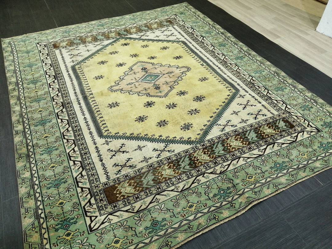 Green Turkish Runner Rug 7' 3" x 8' 8" Hand-Knotted | No. WR16743