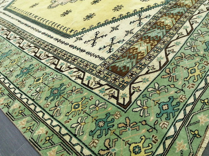 Green Turkish Runner Rug 7' 3" x 8' 8" Hand-Knotted | No. WR16743