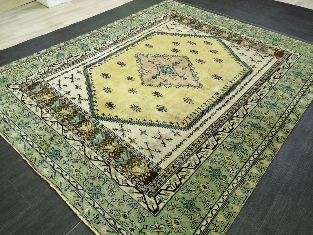 Green Turkish Runner Rug 7' 3" x 8' 8" Hand-Knotted | No. WR16743