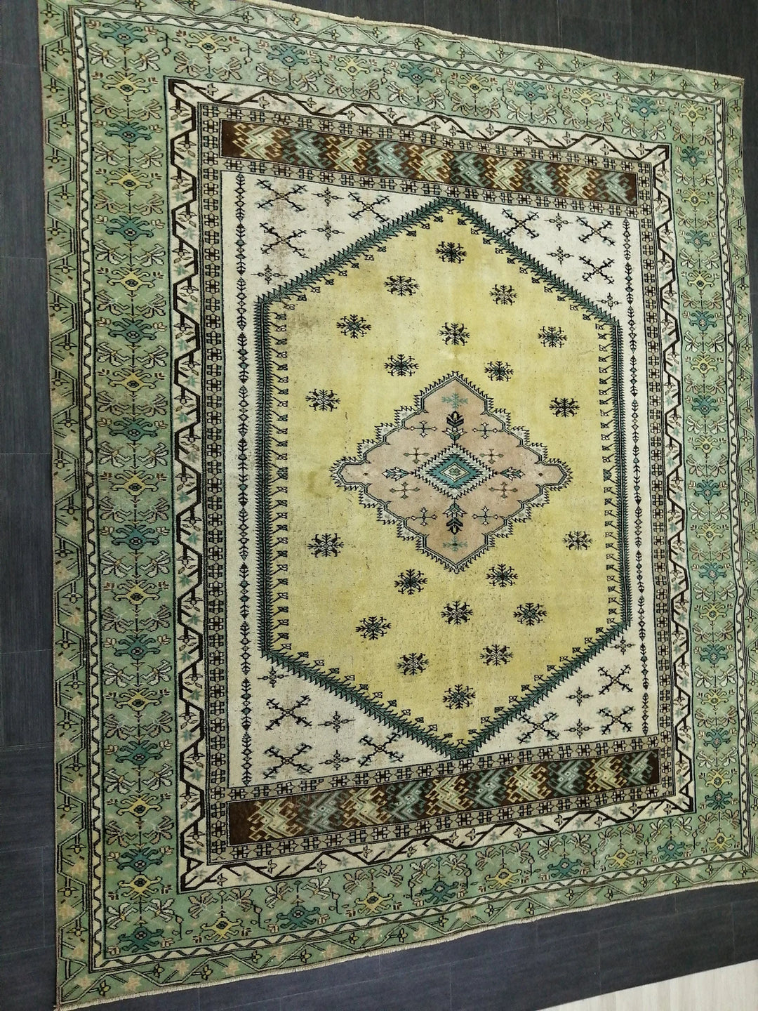 Green Turkish Runner Rug 7' 3" x 8' 8" Hand-Knotted | No. WR16743