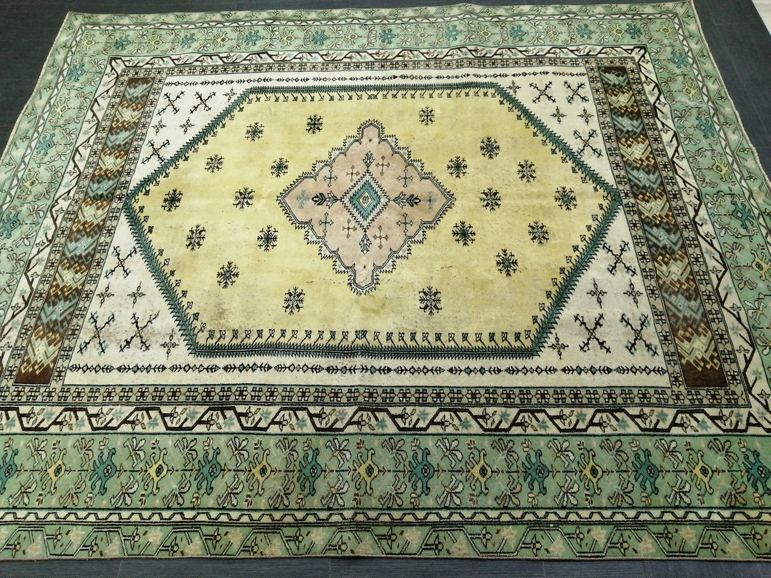 Green Turkish Runner Rug 7' 3" x 8' 8" Hand-Knotted | No. WR16743