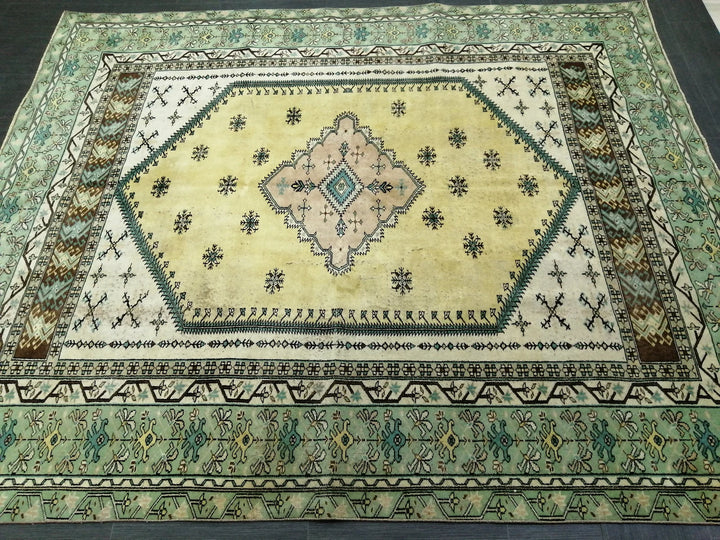 Green Turkish Runner Rug 7' 3" x 8' 8" Hand-Knotted | No. WR16743