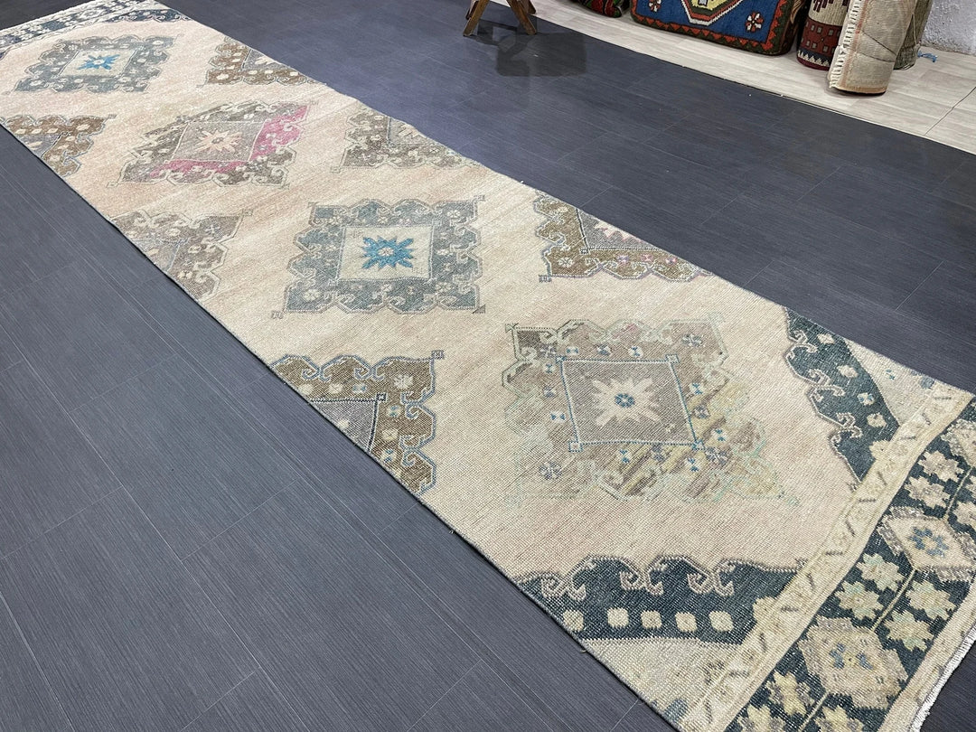 Beige Turkish Runner Rug 2' 11" x 12' 8" Hand-Knotted | No. WR16913