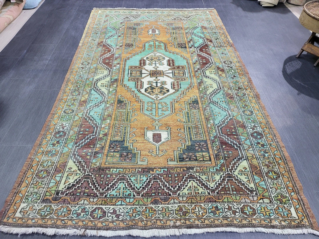 Orange Turkish Runner Rug 4' 8" x 7' 9" Hand-Knotted | No. WR17131