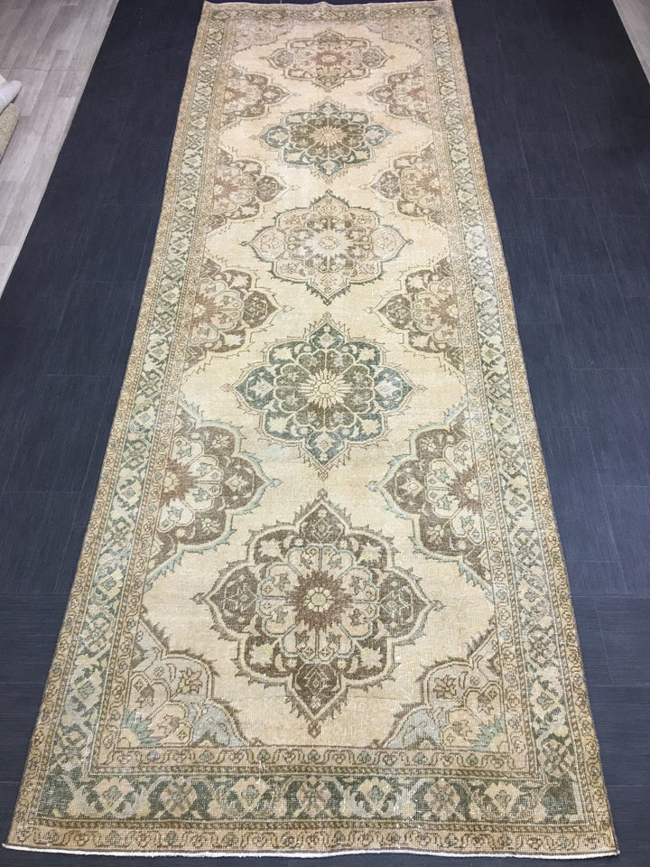 Beige Turkish Runner Rug 4' 9" x 14' 2" Hand-Knotted | No. WR18030