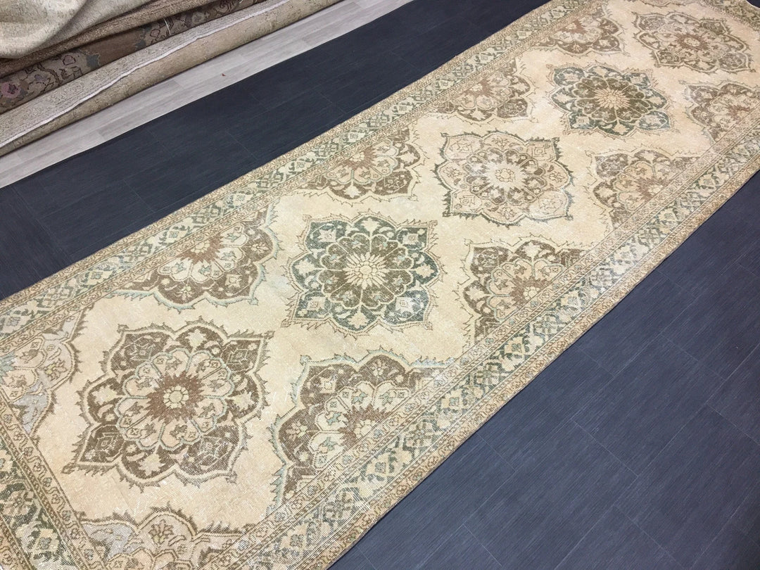 Beige Turkish Runner Rug 4' 9" x 14' 2" Hand-Knotted | No. WR18030