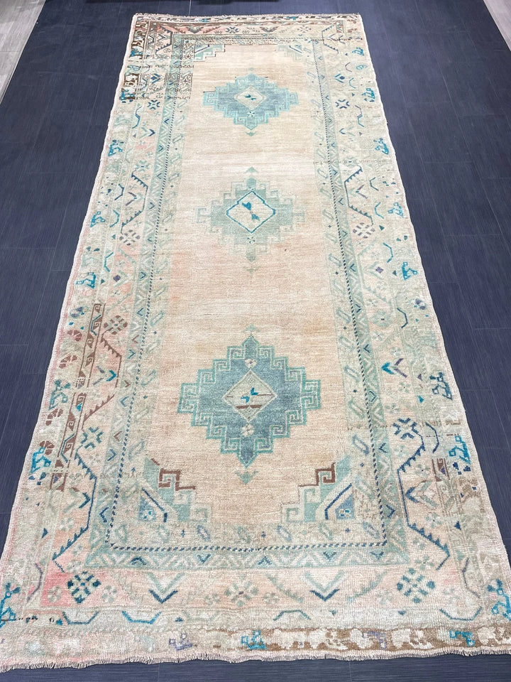 Beige Turkish Runner Rug 4' 8" x 11' 6" Hand-Knotted | No. WR19945